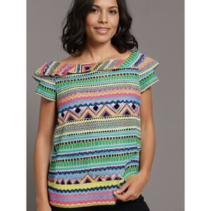 Women Top Geometric‎ Print Cotton Short Sleeve Blouse Size S Paradise Pink